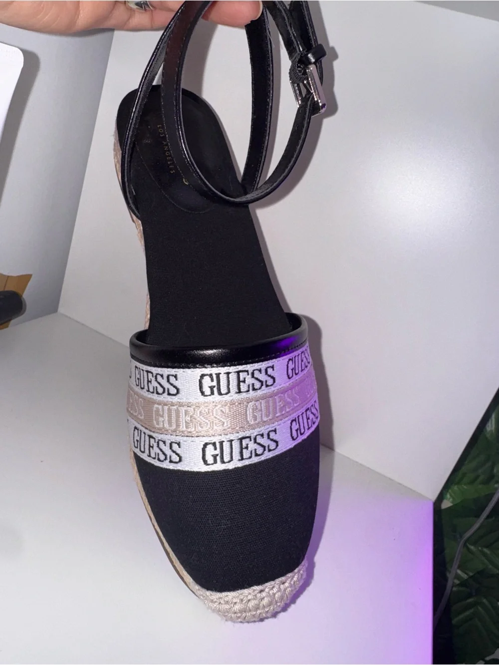 GUESS Black and White Logo Espadrille Slingback